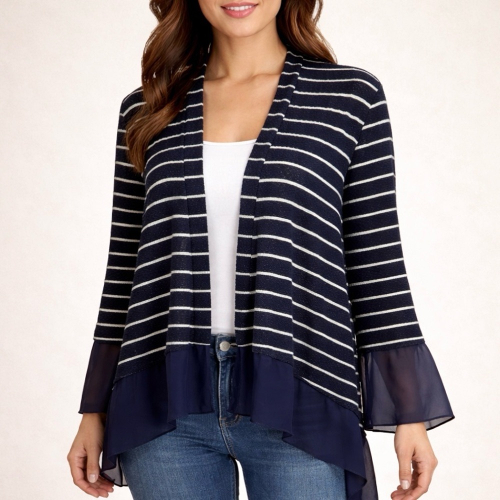 Paper Crane Striped Open Front Cardigan Sheer Hem Navy White Size L